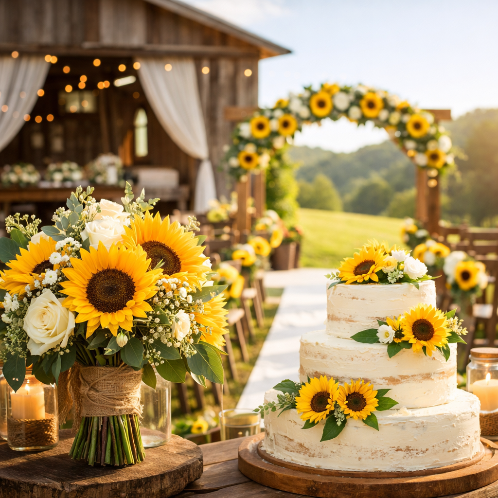 Sunflower wedding ideas with rustic barn ceremony arch, sunflower bouquet, and sunflower decorated wedding cake