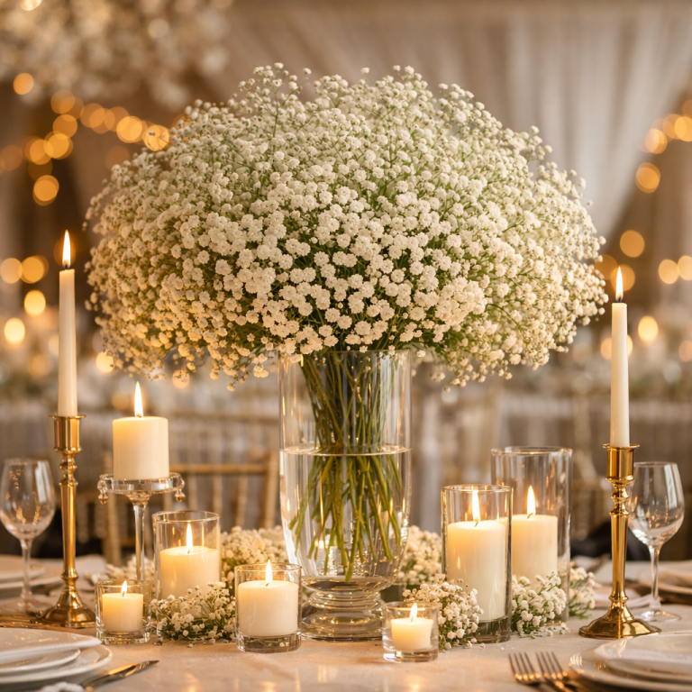 Elegant baby's breath wedding centerpiece in a clear glass vase surrounded by candles on a romantic wedding reception table.