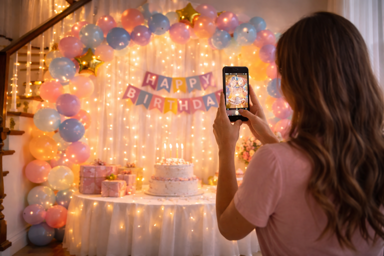Beautiful birthday photo setup on a staircase wall with pastel balloon arch, fairy lights backdrop, birthday banner, and decorated cake table for party photography.