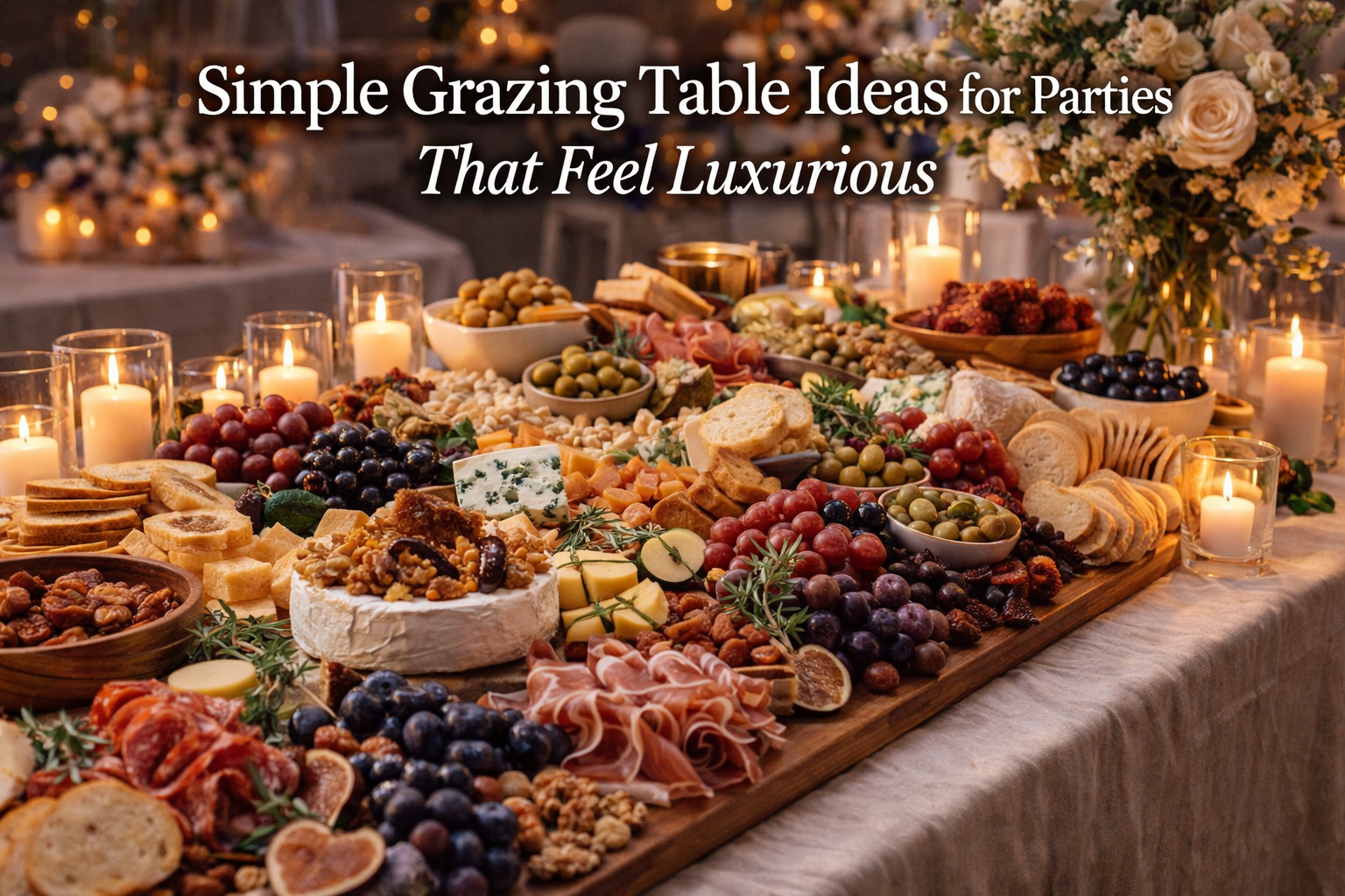 Elegant simple grazing table featuring cheeses, fruits, cured meats, crackers, and candles arranged beautifully on a wooden board for a luxury party setup.
