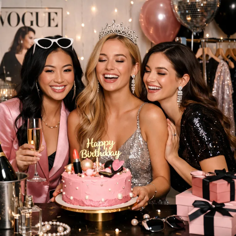 Stylish friends celebrating a best friend birthday with a pink cake, fashion themed decorations, gifts, and sparkling party atmosphere.