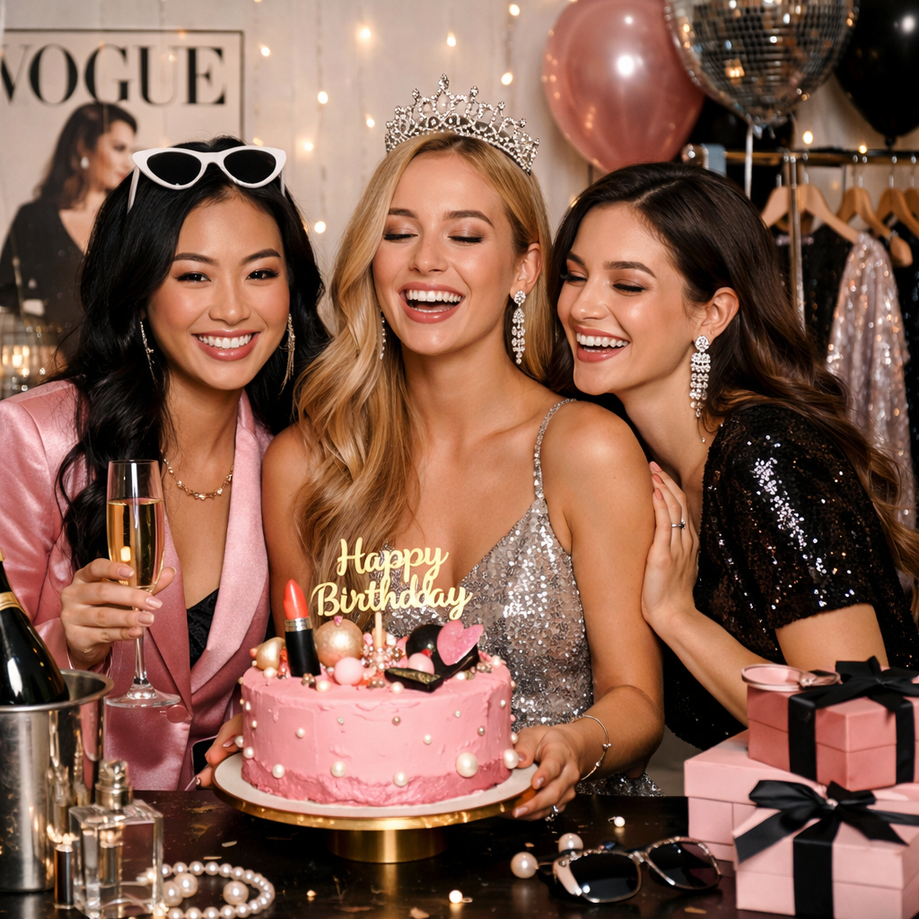Stylish friends celebrating a best friend birthday with a pink cake, fashion themed decorations, gifts, and sparkling party atmosphere.