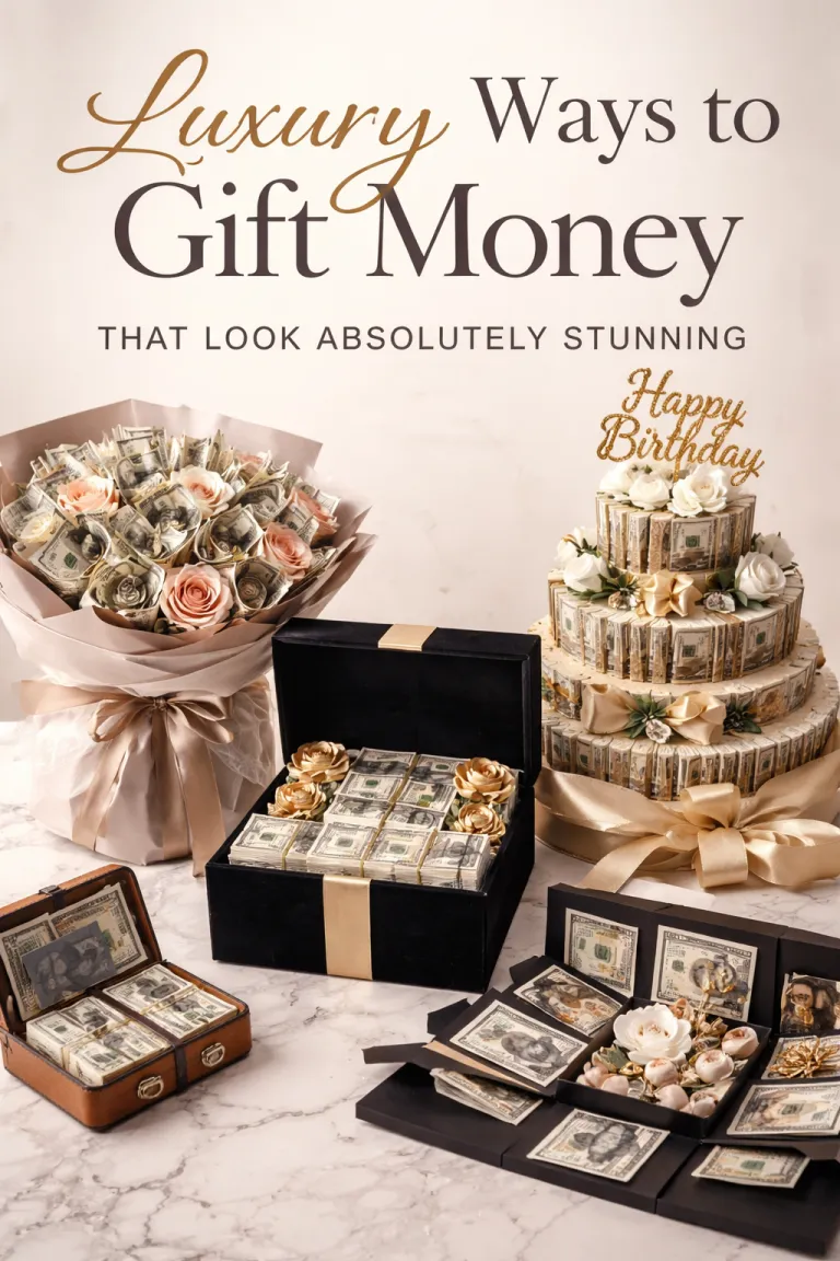 Luxury ways to gift money featuring a money bouquet, cash gift box, money cake, and explosion box arranged on a marble table with elegant gold and blush decorations.