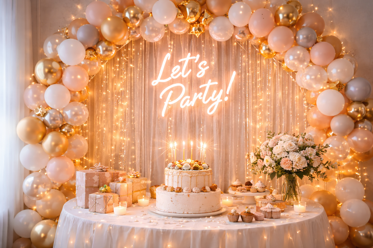 Elegant gold and white Instagram worthy party backdrop with balloon arch, fairy lights curtain, neon party sign, and decorated cake table setup.