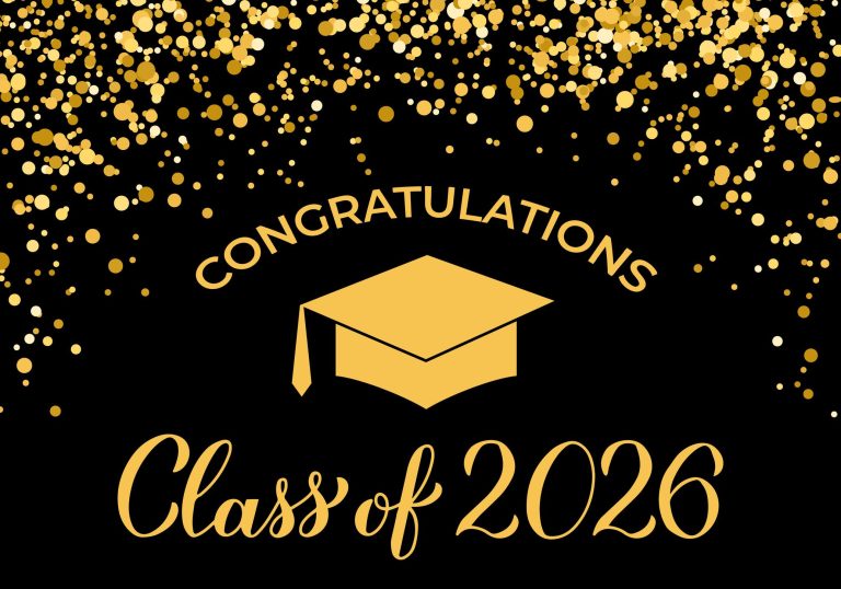 Class of 2026 graduation party setup with balloons dessert table and celebration decor