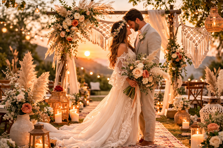 Boho Wedding Theme outdoor ceremony with bride and groom under a floral arch surrounded by pampas grass, lanterns, and warm sunset lighting