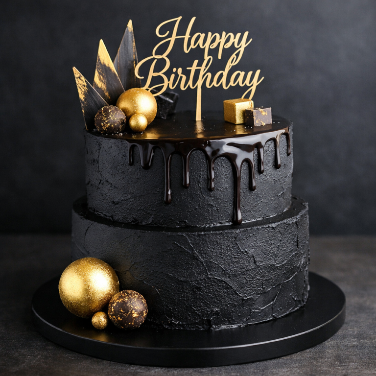 Modern birthday cakes for men with black and gold design and luxury chocolate finish