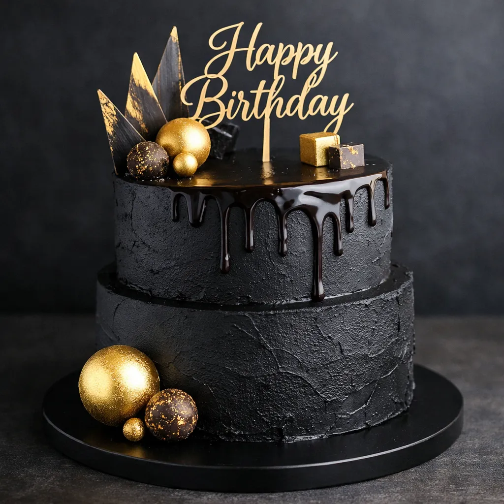 Modern birthday cakes for men with black and gold design and luxury chocolate finish