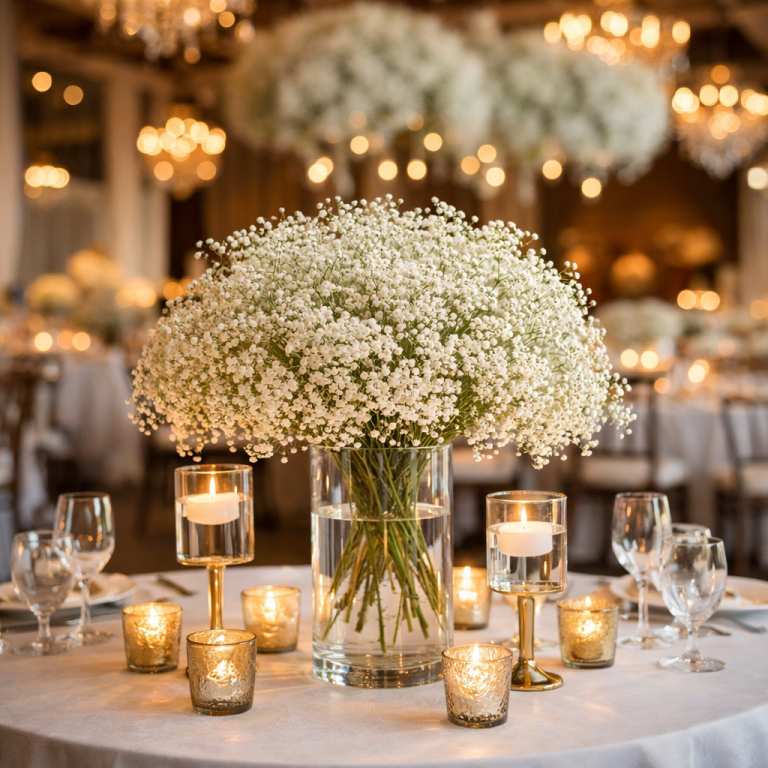 Elegant baby's breath wedding centerpiece with candles and glass vase on a romantic wedding reception table