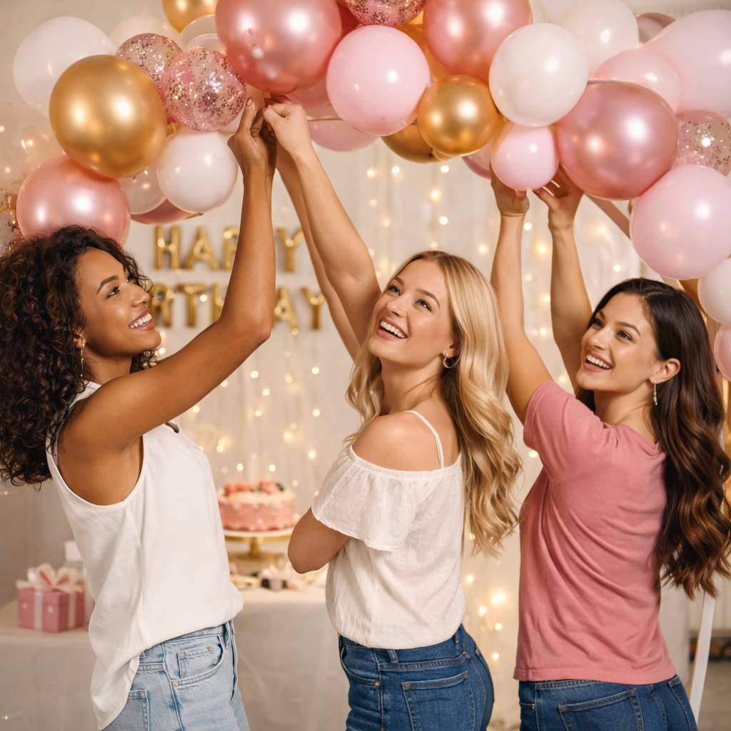 Friends decorating a pink, white, and gold balloon arch for a birthday party while tying balloons together for event decoration.