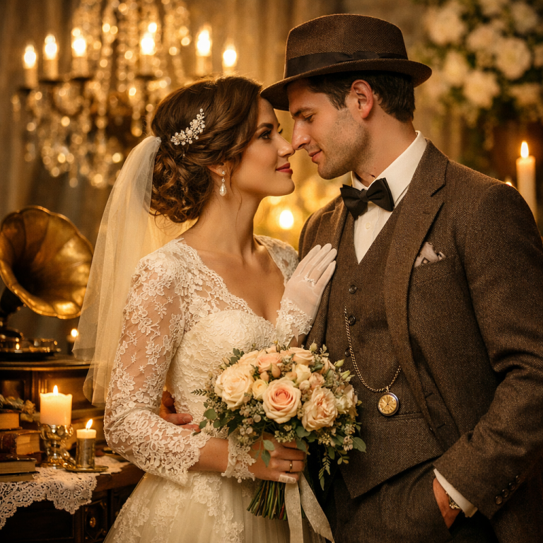 Bride and groom in vintage wedding attire standing close together with lace dress, tweed suit, bouquet of roses, candles, and antique gramophone creating a romantic vintage wedding theme setting.