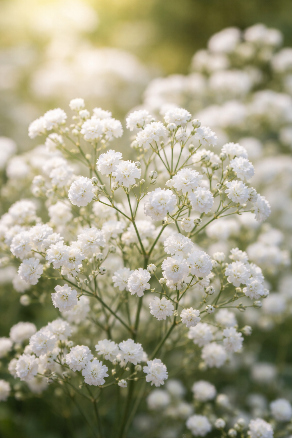 Baby’s Breath Flower blooming in soft white clusters, close-up of fresh Gypsophila paniculata in natural sunlight garden setting