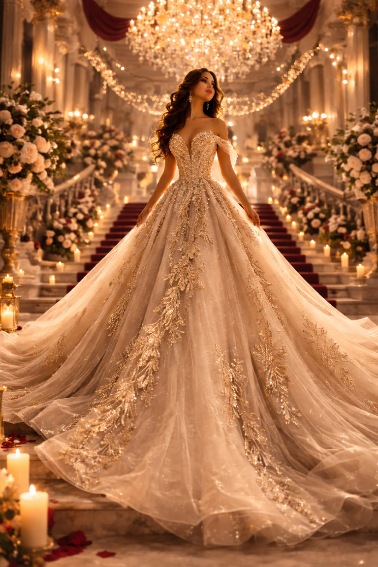 A woman wearing a light blue embroidered ball gown standing on a decorated staircase inside a grand ballroom with chandeliers and candles.