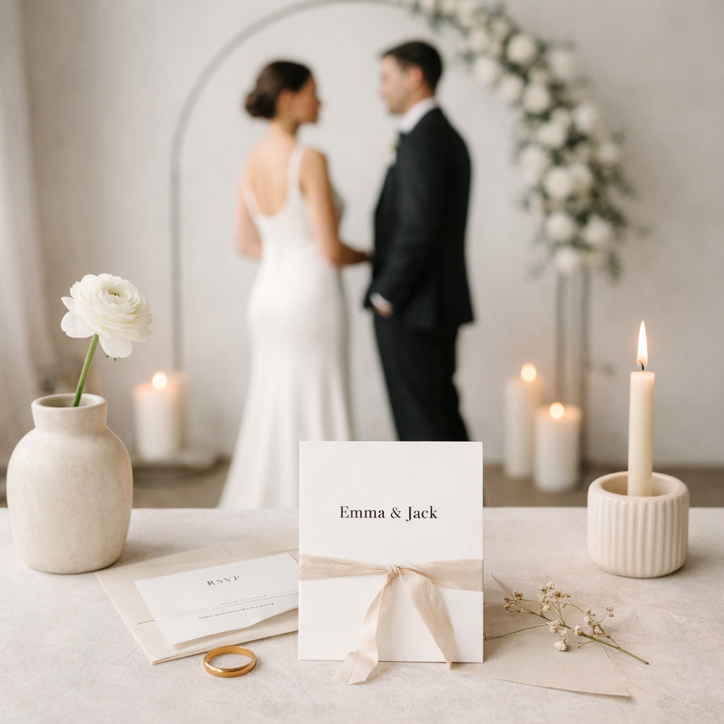 Minimalist wedding setup with elegant invitation card, candle, and gold ring in foreground with bride and groom standing under a modern floral arch in soft neutral decor.