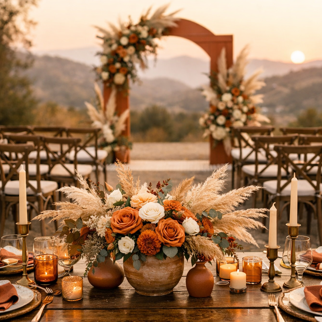 Terracotta wedding theme table setup with dried pampas grass centerpieces, gold candlesticks, and elegant outdoor reception decor in warm earthy tones.