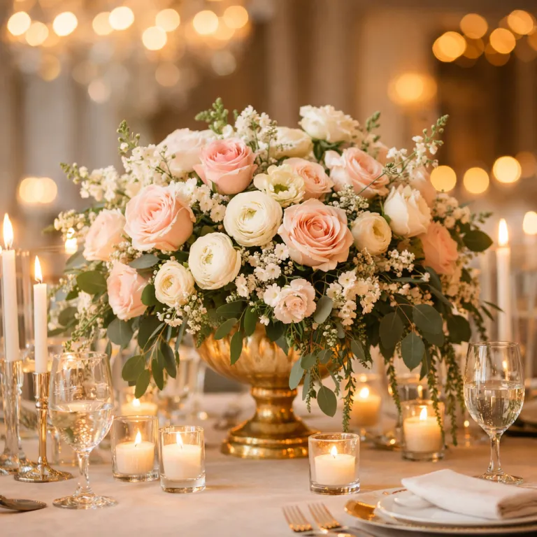 Elegant wedding reception table featuring a lush floral centerpiece of blush and ivory roses with greenery in a gold vase, surrounded by glowing candles, crystal glassware, and soft ambient lighting.