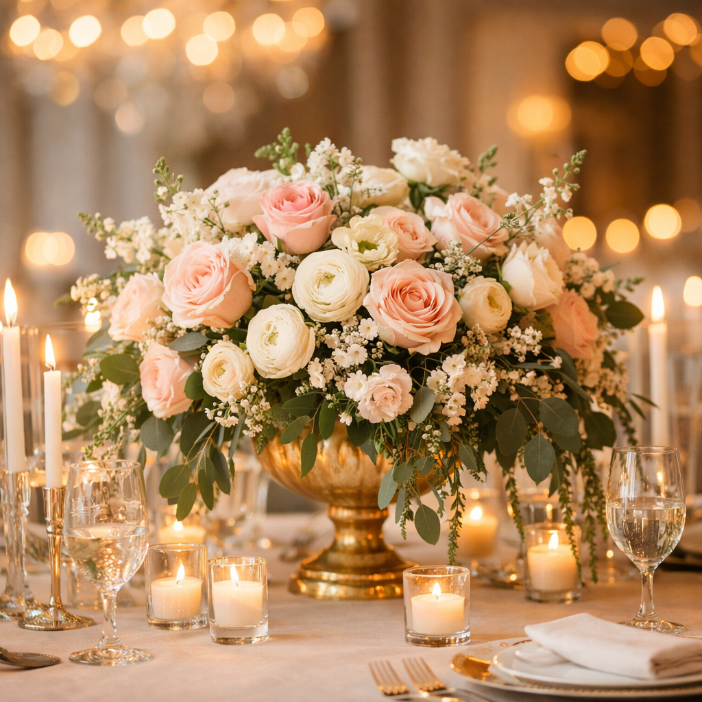 Elegant wedding reception table featuring a lush floral centerpiece of blush and ivory roses with greenery in a gold vase, surrounded by glowing candles, crystal glassware, and soft ambient lighting.