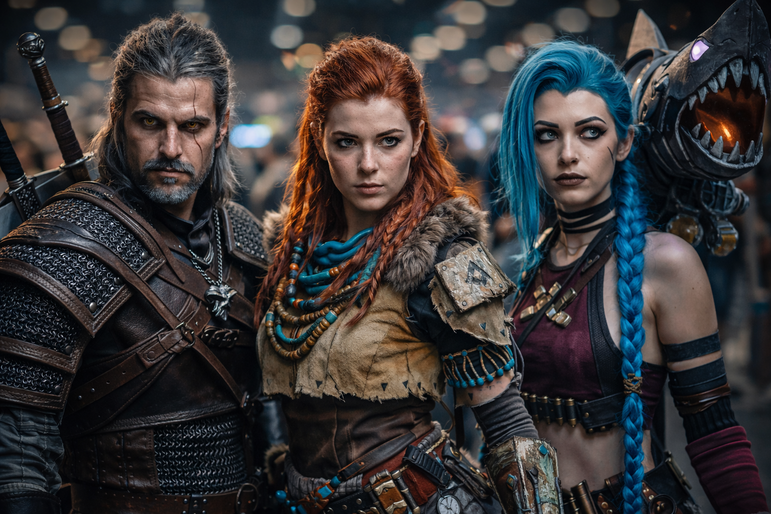 Highly detailed cosplay transformation featuring a realistic character costume, dramatic makeup, and cinematic photography at a cosplay convention.