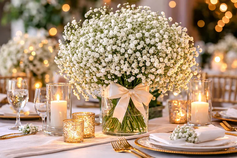 Elegant baby's breath wedding centerpieces with candles on a romantic reception table