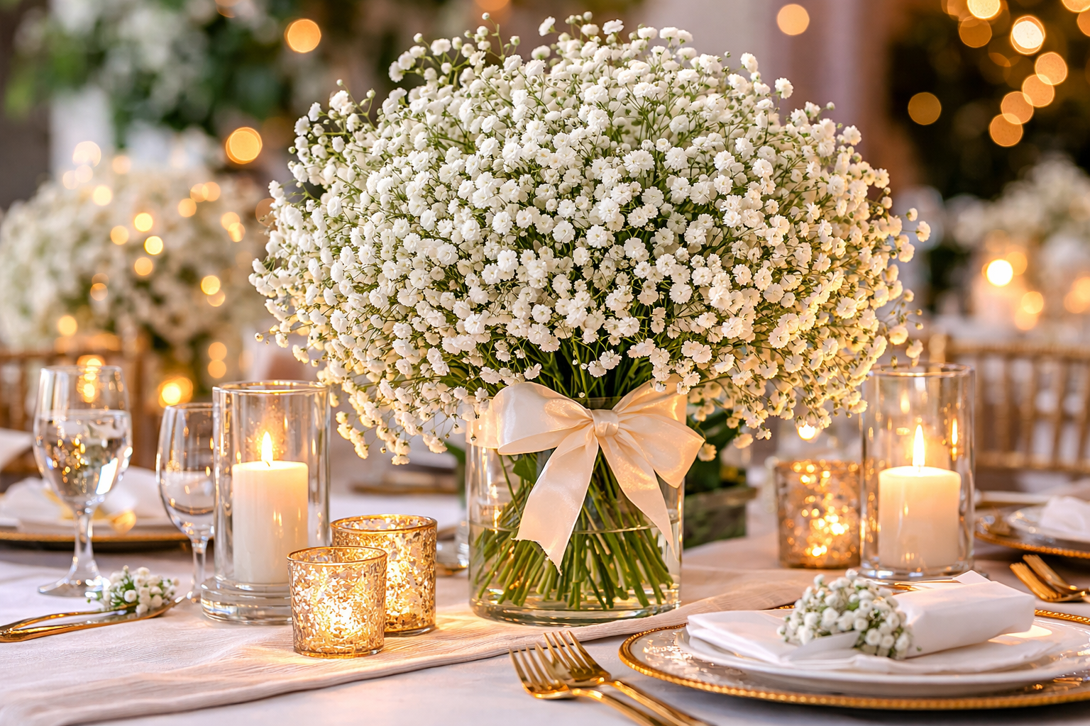 Elegant baby's breath wedding centerpieces with candles on a romantic reception table