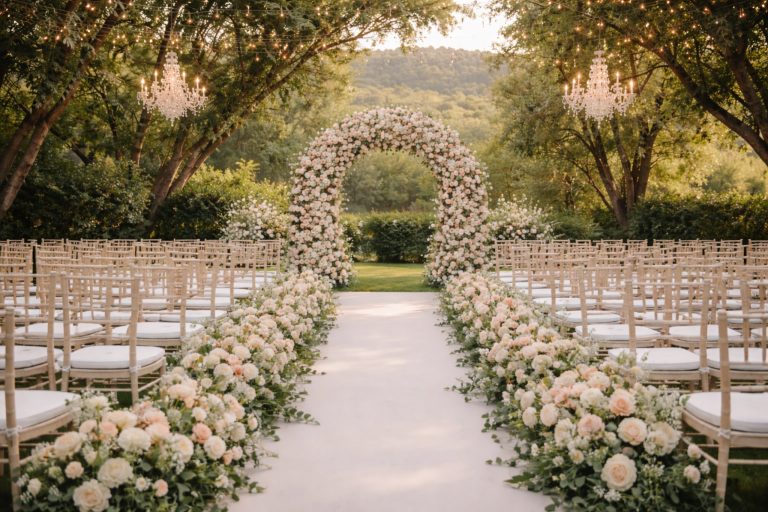 An elegant outdoor wedding ceremony setup in a lush garden, featuring a large circular floral arch covered in white and blush roses at the end of a white aisle lined with abundant flower arrangements. Rows of light wooden chairs with white cushions are arranged on both sides, while crystal chandeliers and string lights hang from the surrounding trees, with green hills in the background.