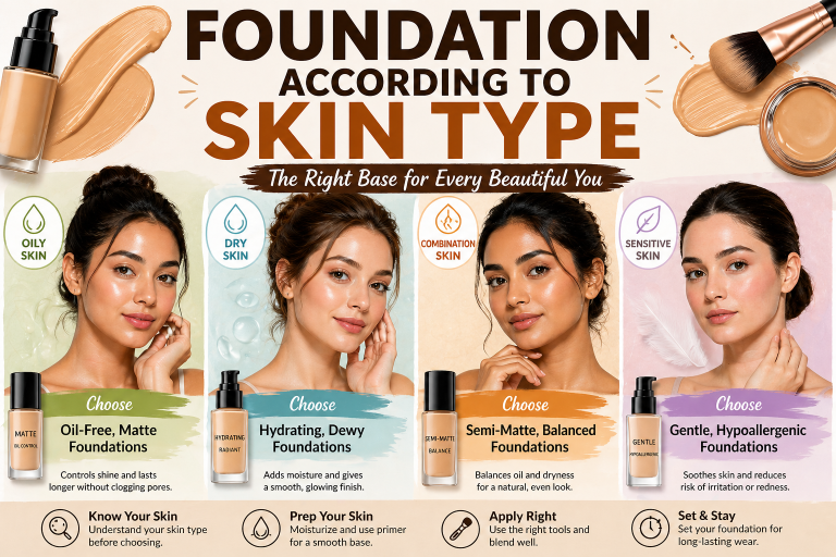 Foundation according to skin type showing oily, dry, combination and sensitive skin makeup results