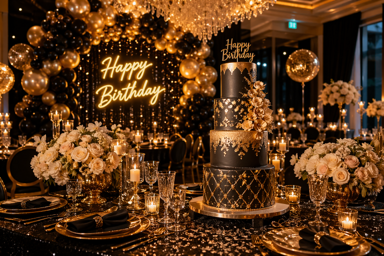 Elegant luxury birthday party setup with gold décor, floral arrangements, candles, and a beautifully styled celebration table in a high-end venue.