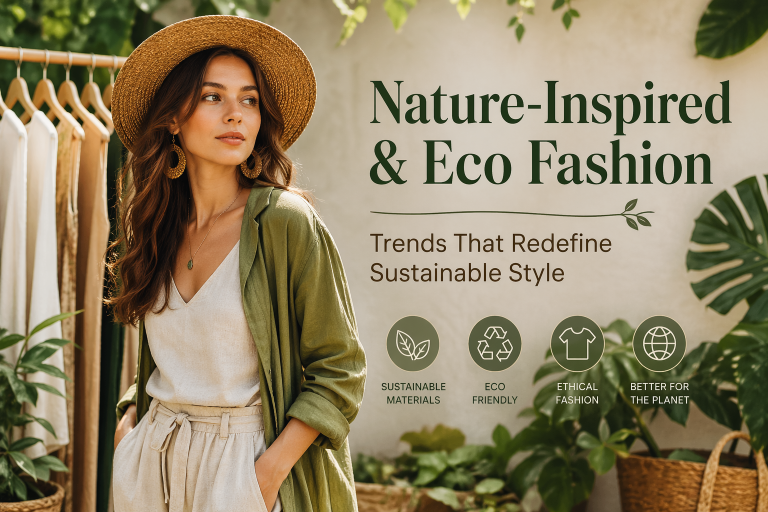 Woman in earth-tone outfit and straw hat posing outdoors among greenery, showcasing Nature-Inspired & Eco Fashion with sustainable materials and natural style aesthetics