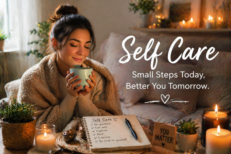 Calm and cozy self care scene with soft lighting, candles, a warm drink, and a relaxing home environment designed for comfort, mental wellness, and peaceful daily rituals.