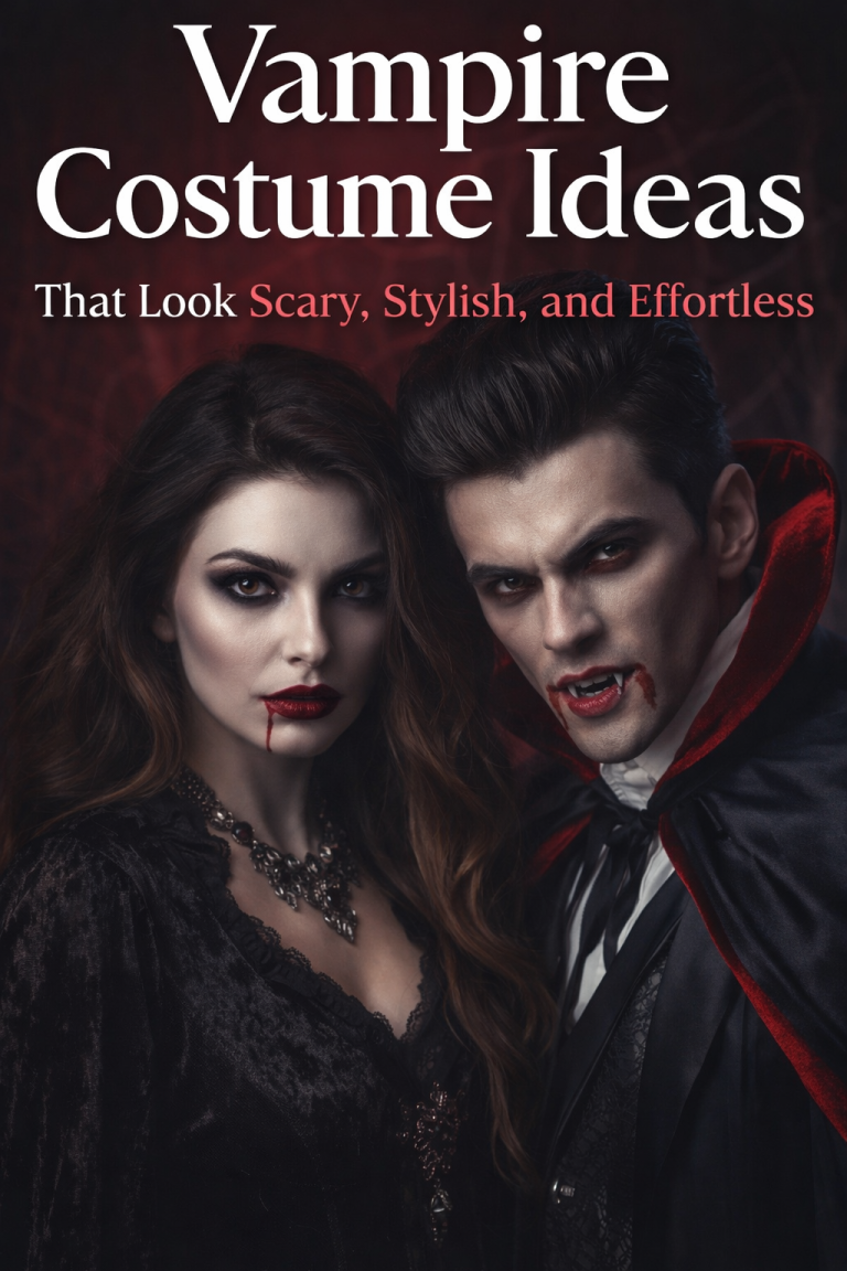 A couple dressed in vampire costumes with gothic outfits, dark dramatic makeup, red lips, fake blood, and a black cape, creating a stylish and scary Halloween look.