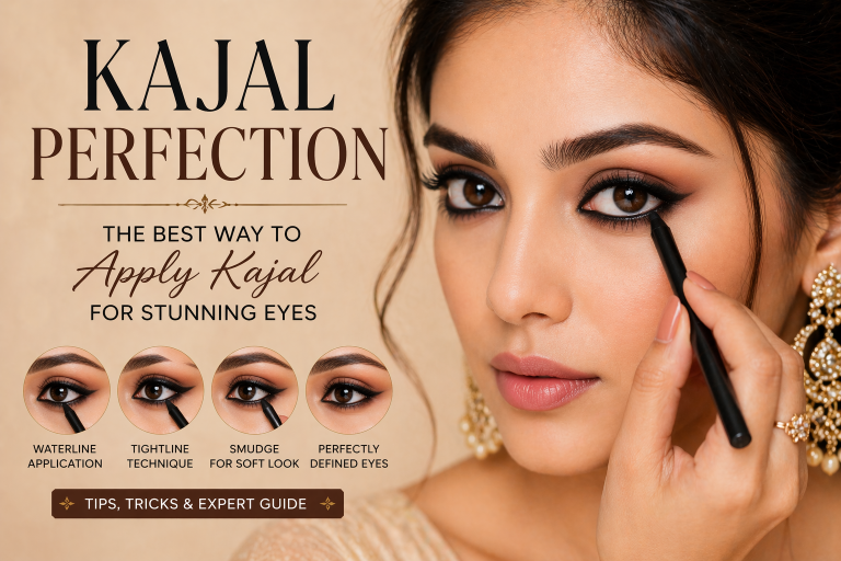 Close-up of a woman applying kajal to her lower lash line, showing defined, bold eyes with smooth, precise application for a flawless eye makeup look