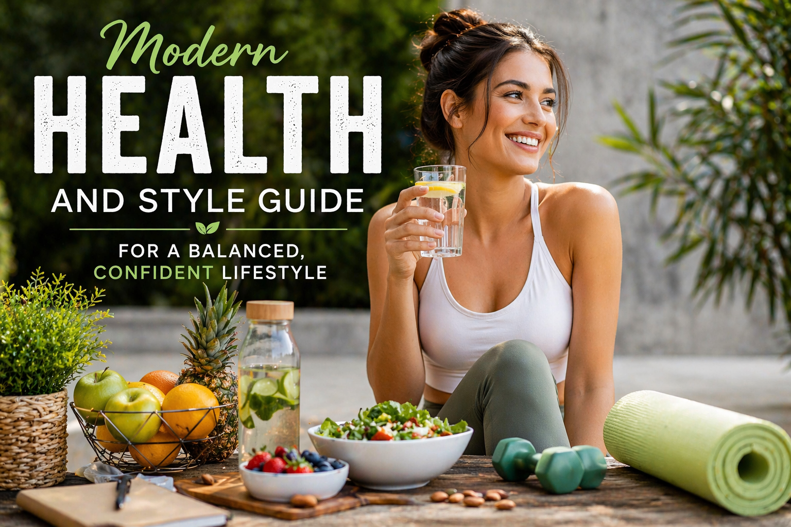 Modern lifestyle scene showing a confident person in natural light, blending wellness, fashion, and daily habits to represent health, balance, and self-care.