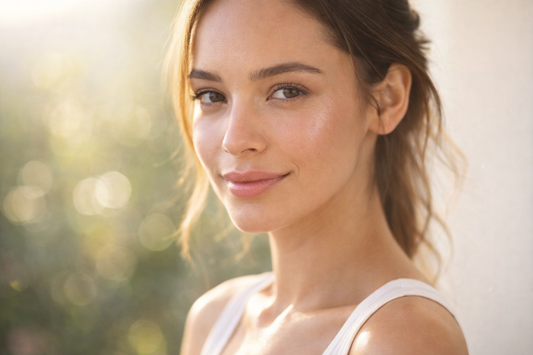 Woman with natural glowing skin and minimal makeup in soft sunlight, representing effortless beauty tips and a fresh, healthy everyday look.