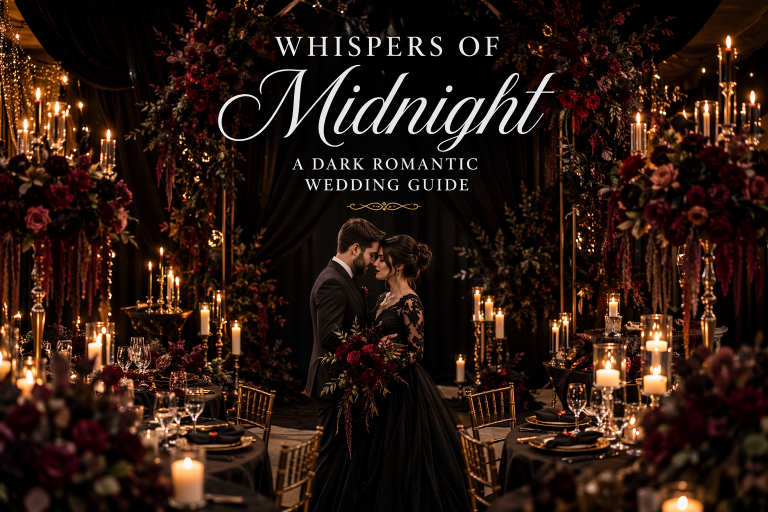 Midnight wedding theme with dark romantic decor, black roses, and candlelight