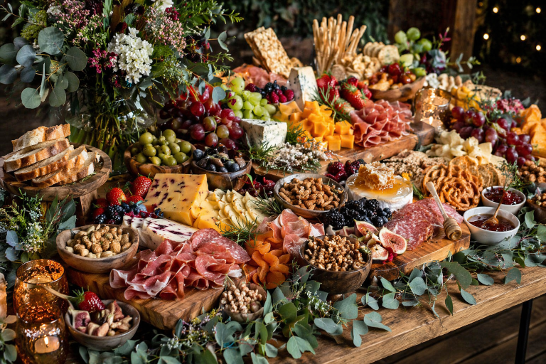 Grazing table with cheese, meats, fruits, nuts, and rustic styling for elegant entertaining