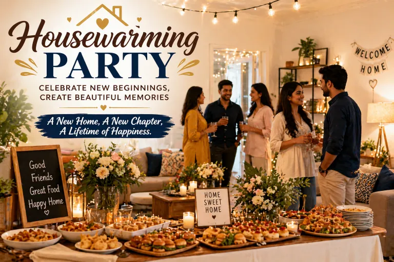 Housewarming party celebration with guests, food table and cozy home decor
