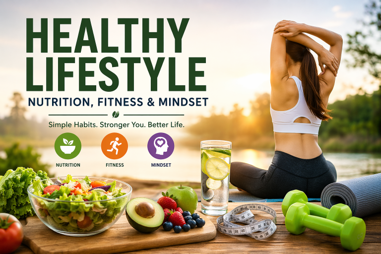 Healthy lifestyle banner showing a woman stretching outdoors at sunrise with fresh salad, fruits, water, and fitness equipment representing nutrition, fitness, and mindset.