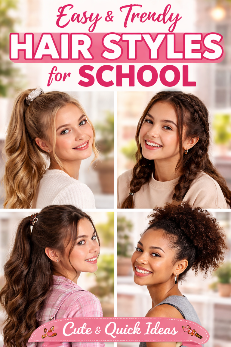 A colorful collage featuring four girls with different easy and trendy school hairstyles, including ponytails, braids, and curly updos, with bold text reading “Easy & Trendy Hair Styles for School” and “Cute & Quick Ideas.”