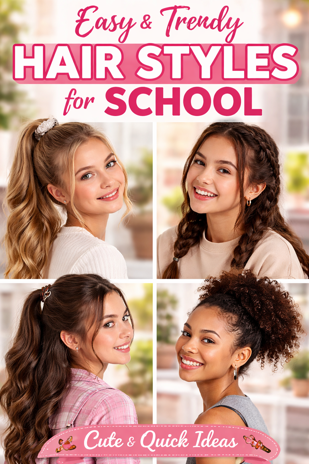 A colorful collage featuring four girls with different easy and trendy school hairstyles, including ponytails, braids, and curly updos, with bold text reading “Easy & Trendy Hair Styles for School” and “Cute & Quick Ideas.”