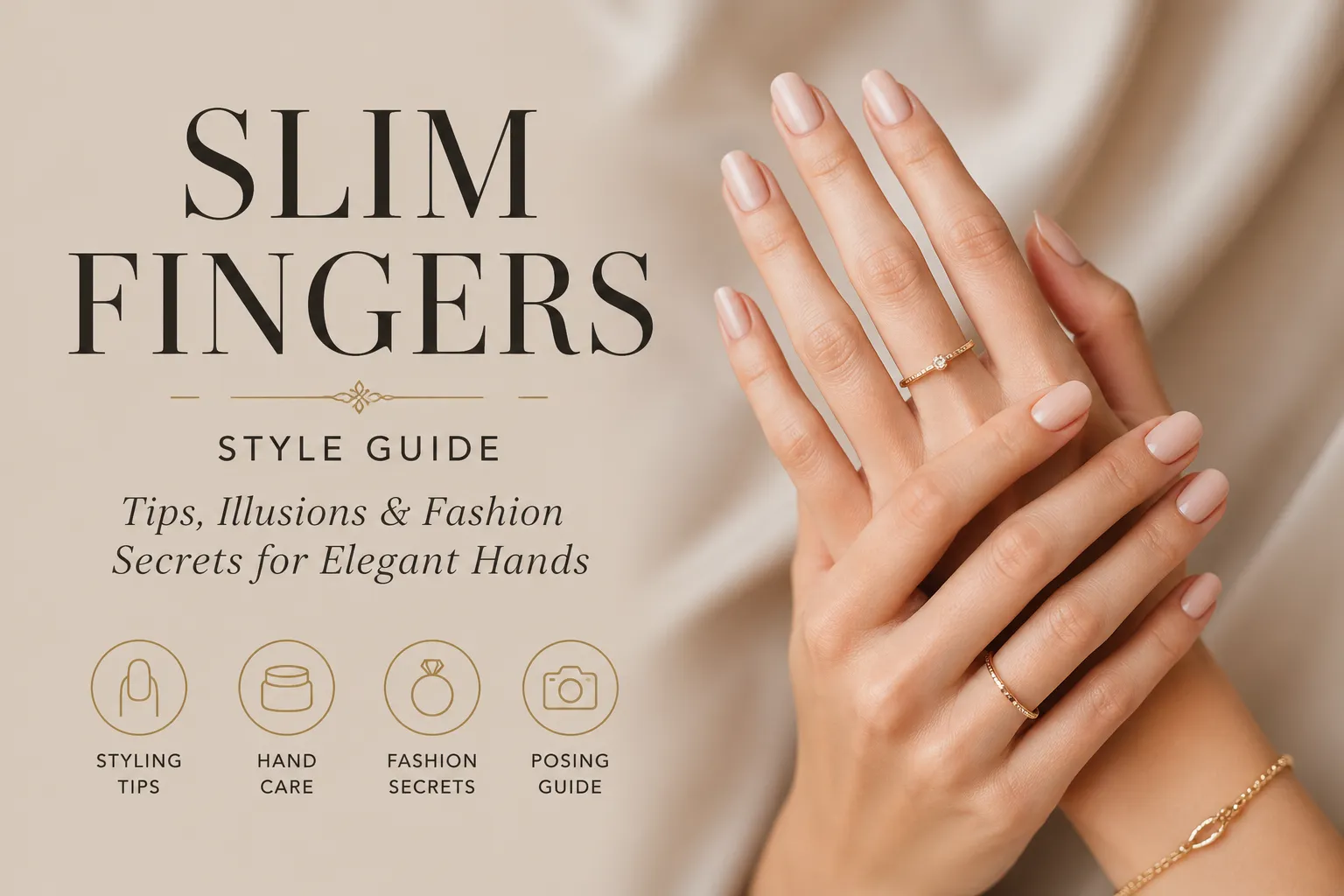 Elegant feminine hands with soft lighting, natural manicure, and delicate rings creating the appearance of slim fingers and refined style