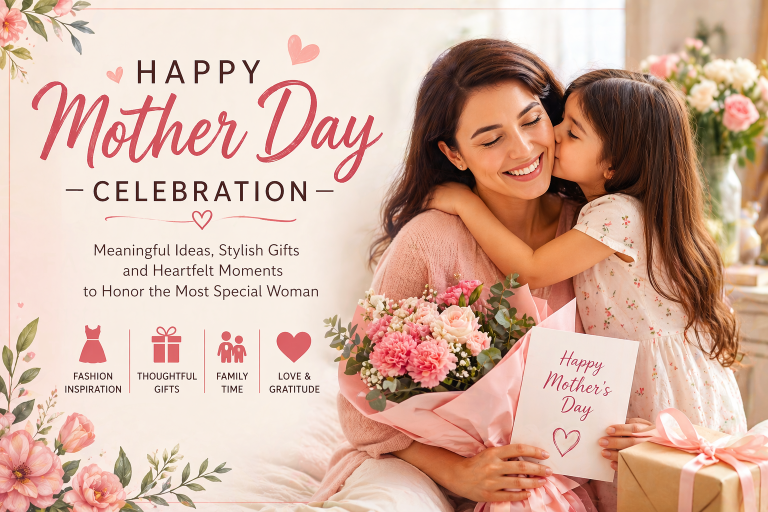 Mother Day feature image showing a loving moment between a mother and child, with flowers, gift box, and greeting card in soft pastel tones, representing heartfelt celebration, gratitude, and family bonding.
