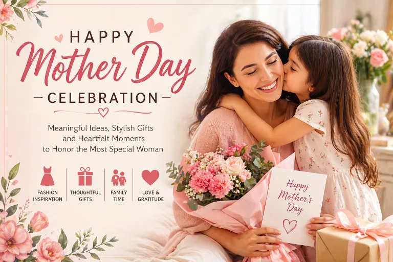 Mother Day feature image showing a loving moment between a mother and child, with flowers, gift box, and greeting card in soft pastel tones, representing heartfelt celebration, gratitude, and family bonding.
