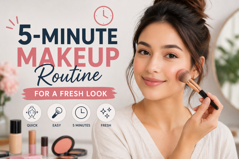 Young woman applying blush with a makeup brush, featuring a natural glowing look with text “5-Minute Makeup Routine for a Fresh Look” in a clean and modern beauty setup.