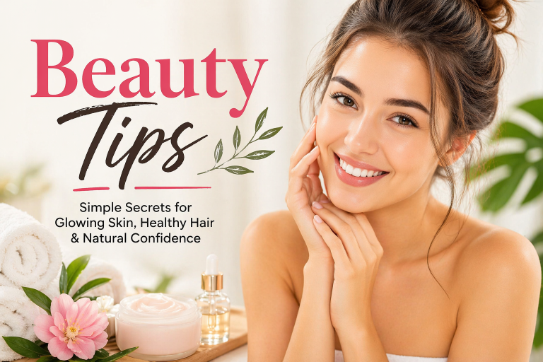 Beauty tips feature image showing a glowing woman with natural makeup, healthy skin, and minimal beauty products in a clean, bright setting representing simple daily beauty routines for radiant skin