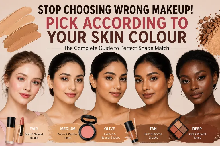 Makeup according to skin colour guide showing fair, medium, olive, tan and deep skin tones