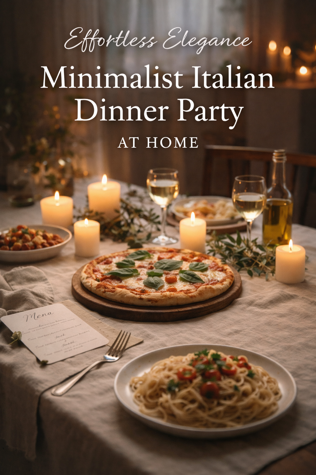 Minimalist Italian Dinner Party setup with pizza, pasta, candles, and elegant warm lighting