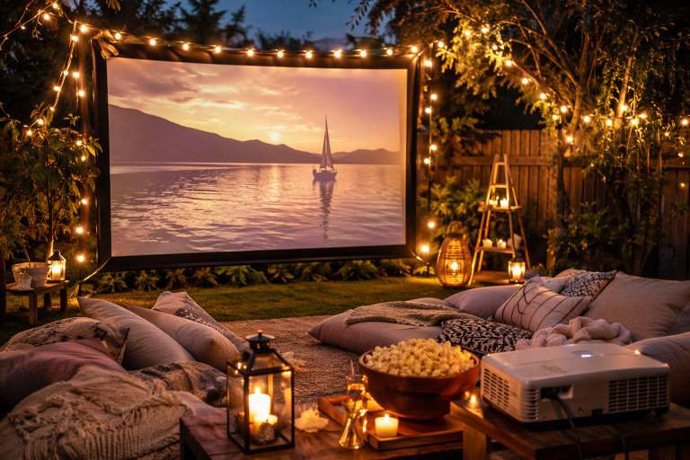 Cozy backyard outdoor movie night setup at dusk with a projector screen, string lights, lanterns, cushions, blankets, and a bowl of popcorn creating a warm and inviting atmosphere.