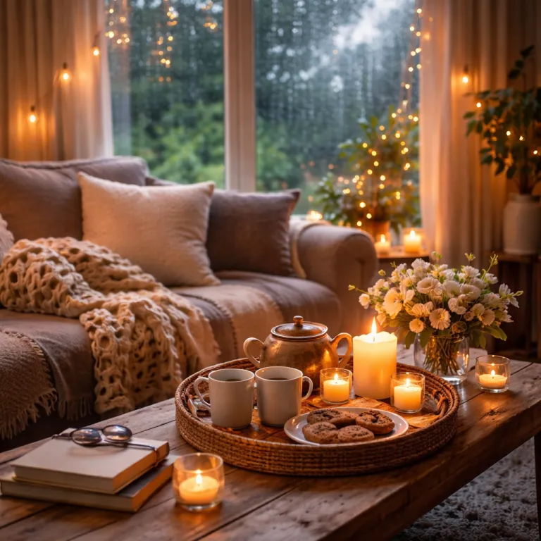Cozy rainy day indoor setup with candles, tea cups, soft blankets, and rain visible through the window creating a warm and relaxing home atmosphere.