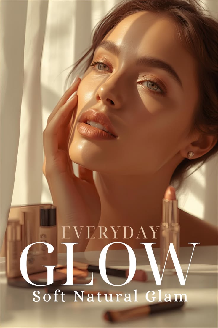 A close-up of a woman with glowing, dewy skin and soft natural glam makeup, highlighted by warm sunlight, with beauty products placed in the foreground and text reading “Everyday Glow Soft Natural Glam.”