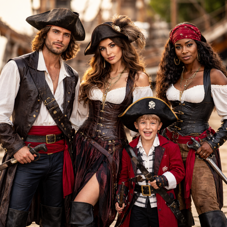Group of adults and a child wearing stylish pirate costumes with hats, boots, and accessories, posing on a dock with a ship in the background